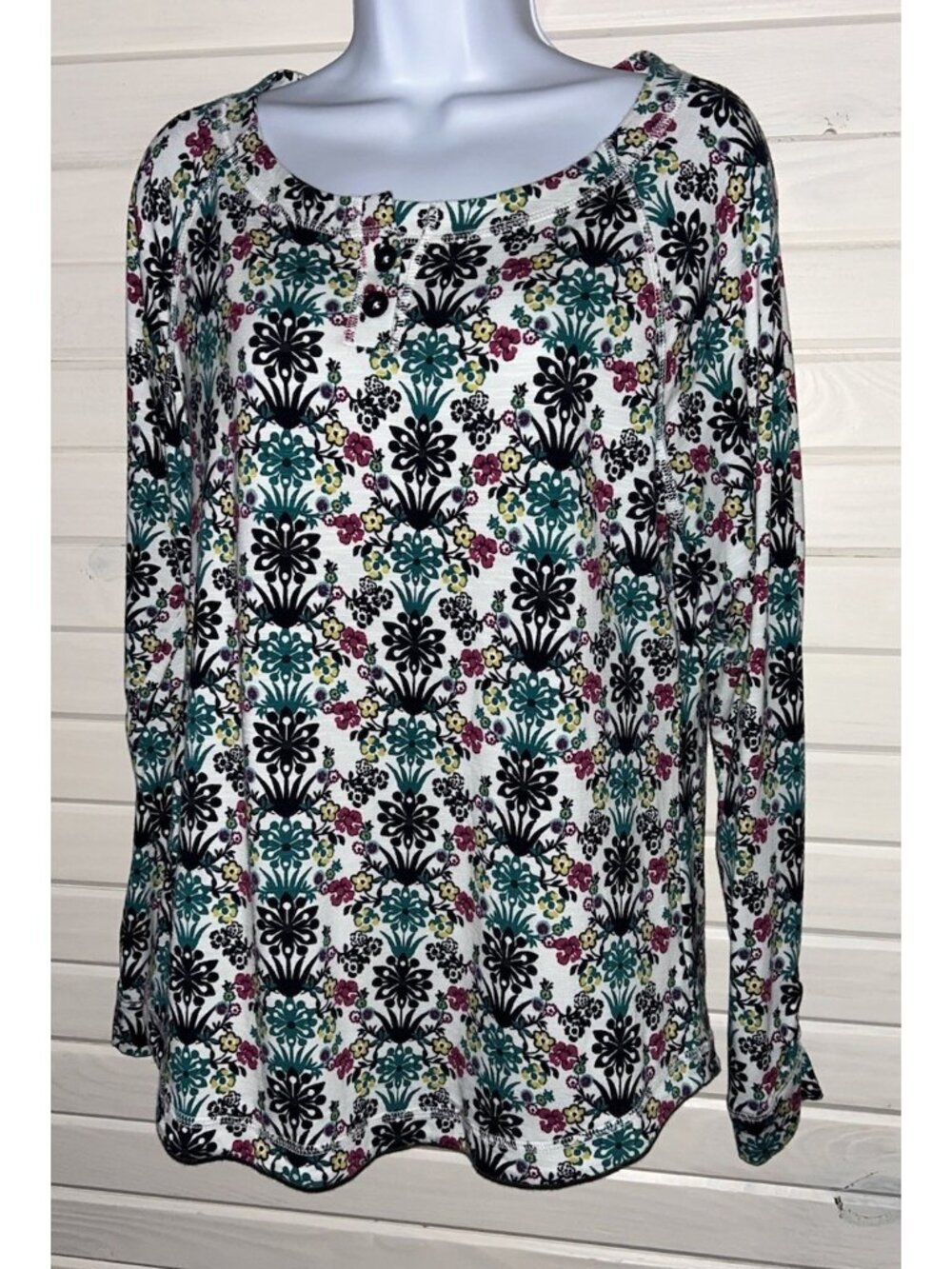 T by Talbots Sz LARGE Henley Top Tunic Teal Black Multicolor Cotton Blend EUC